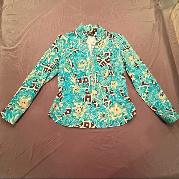 Etcetera by Carlisle Teal/White Floral Long sleeve Button Blouse Size 12/Large - Picture 3 of 13